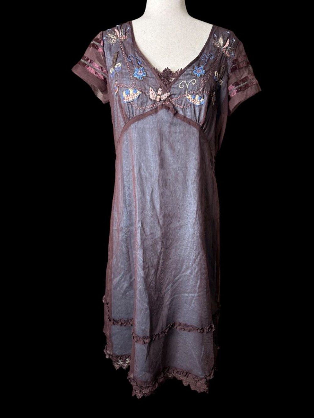 April Cornell Sheer Brown Embroidered Sm Dress Layer Lace Romantic Ethereal Boho